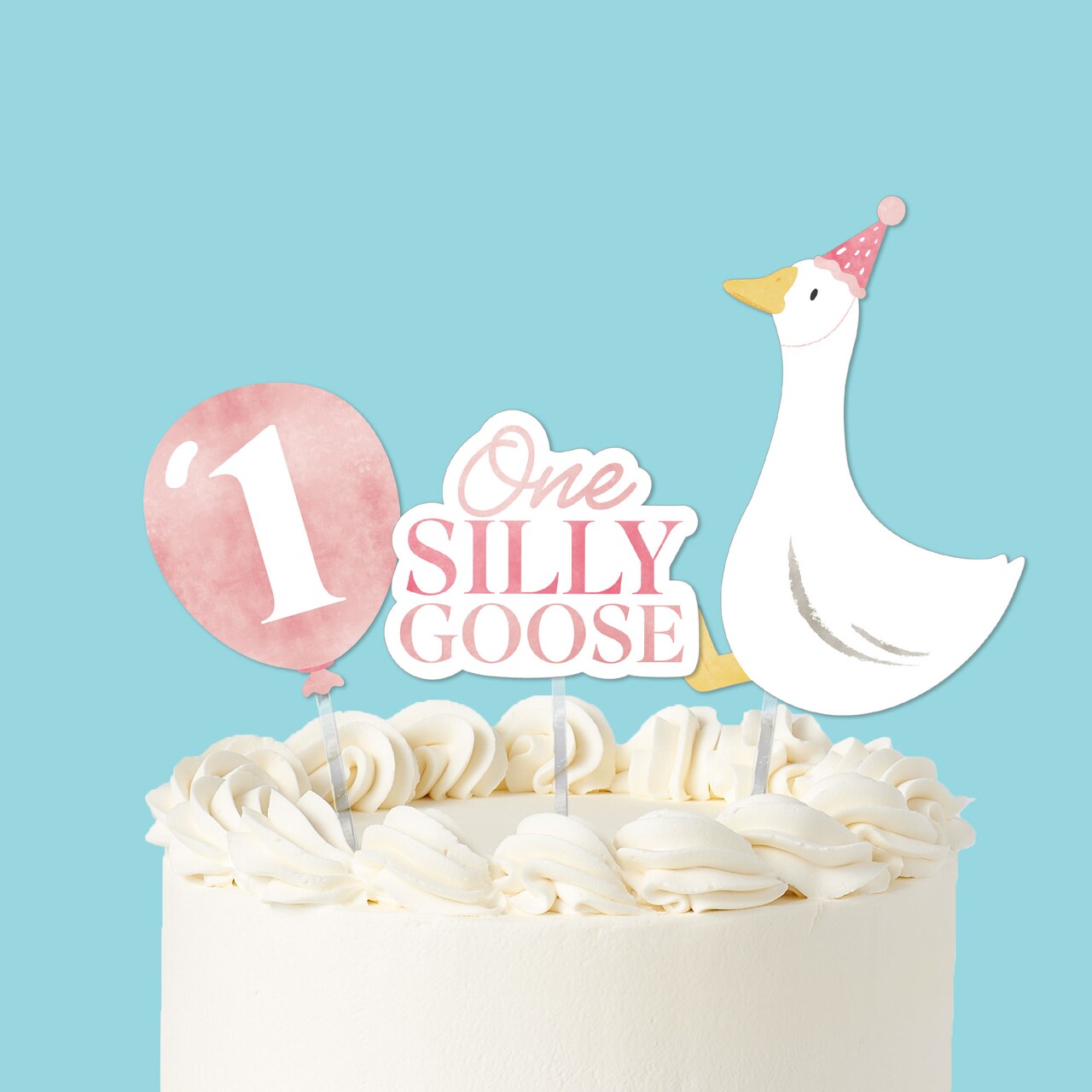 Big Dot of Happiness Pink One Silly Goose Cake Topper Set, Silly Goose Birthday Dessert Decorations for Girl 1st Birthday Party – 3 Count